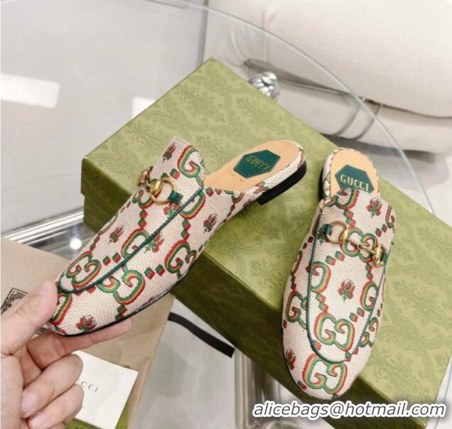 Top Design Gucci 100 Flower Jacquard Canvas Flat Mules White/Green 121378