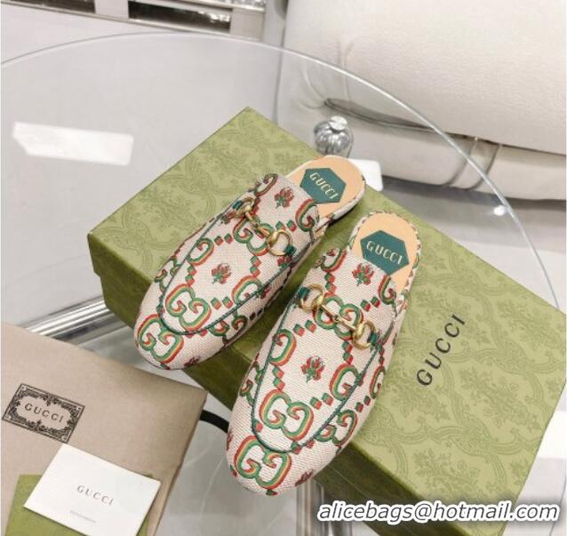 Top Design Gucci 100 Flower Jacquard Canvas Flat Mules White/Green 121378