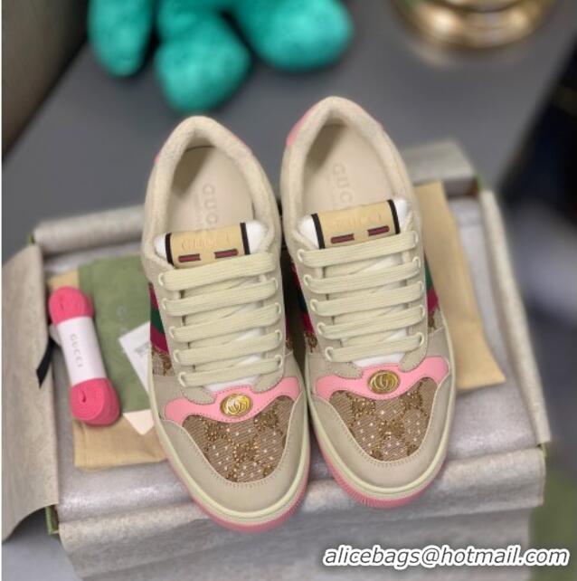 Luxurious Gucci Screener Sneaker with Crystals Pink/Beige 121383