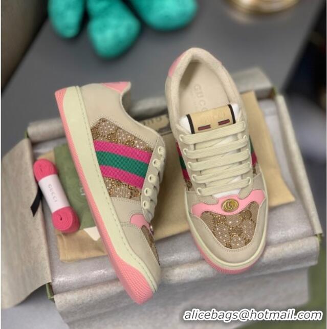 Luxurious Gucci Screener Sneaker with Crystals Pink/Beige 121383