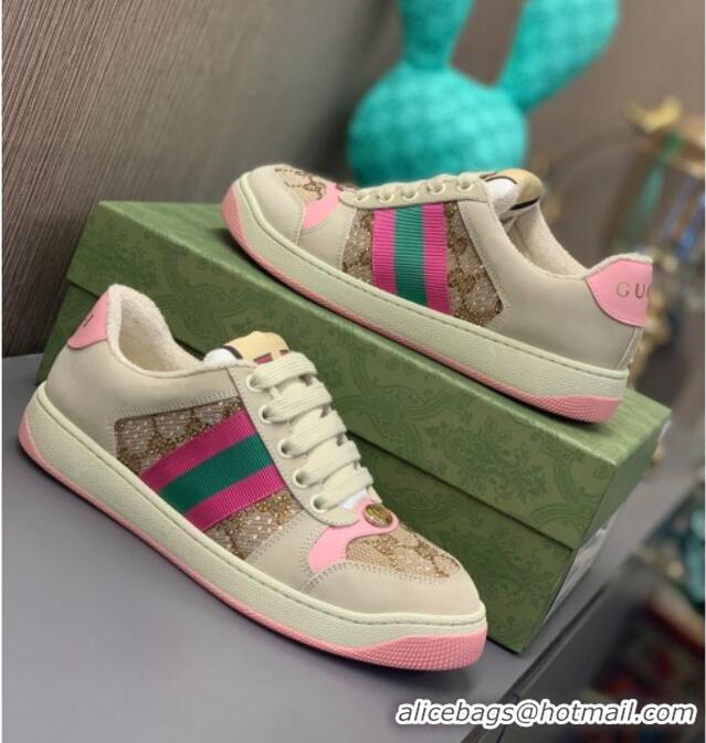 Luxurious Gucci Screener Sneaker with Crystals Pink/Beige 121383