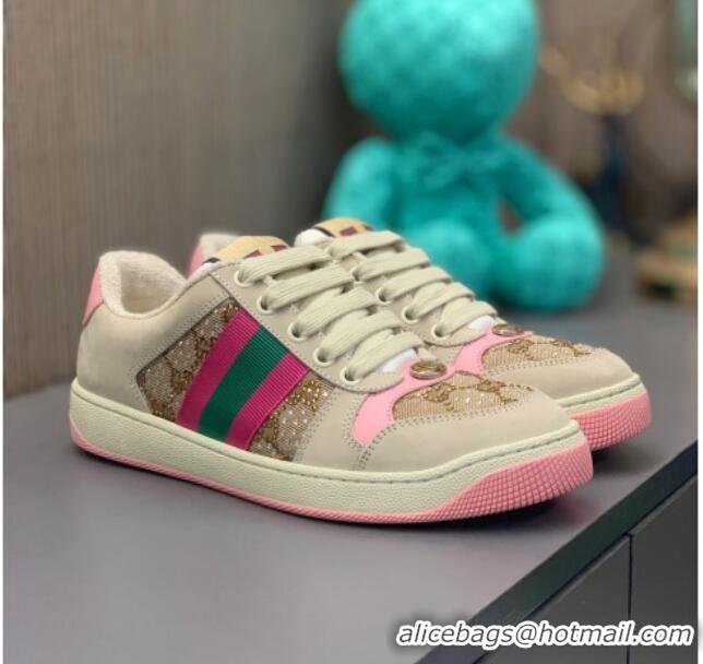 Luxurious Gucci Screener Sneaker with Crystals Pink/Beige 121383