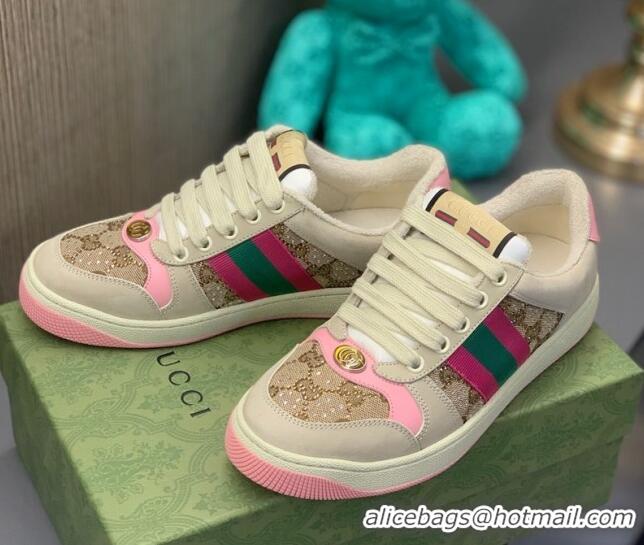 Luxurious Gucci Screener Sneaker with Crystals Pink/Beige 121383