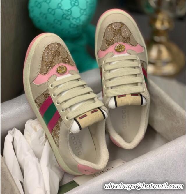 Luxurious Gucci Screener Sneaker with Crystals Pink/Beige 121383