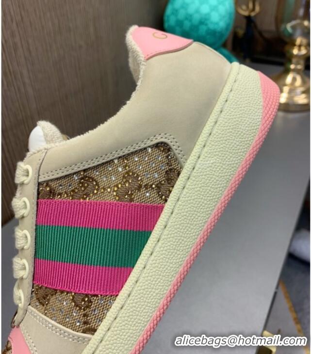 Luxurious Gucci Screener Sneaker with Crystals Pink/Beige 121383