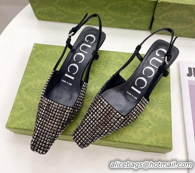 Stylish Gucci Square-Crytstal Slingback Pump 4cm Black 121409