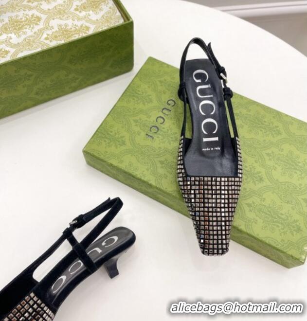 Stylish Gucci Square-Crytstal Slingback Pump 4cm Black 121409