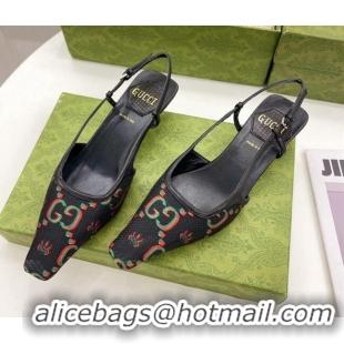 Charming Gucci Flower Jacquard Canvas Slingback Pump 4cm 121412 Black