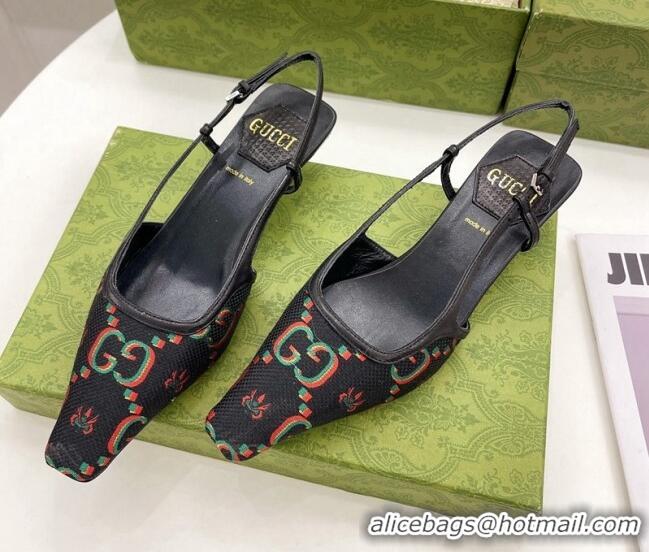 Charming Gucci Flower Jacquard Canvas Slingback Pump 4cm 121412 Black