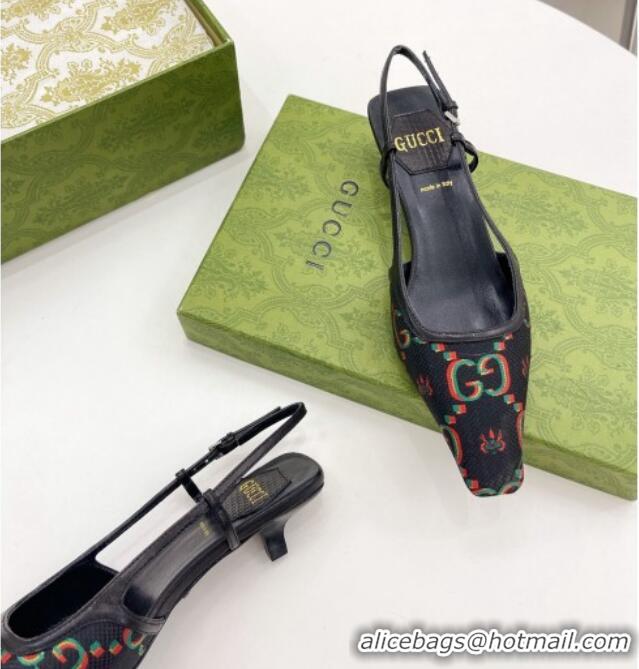 Charming Gucci Flower Jacquard Canvas Slingback Pump 4cm 121412 Black