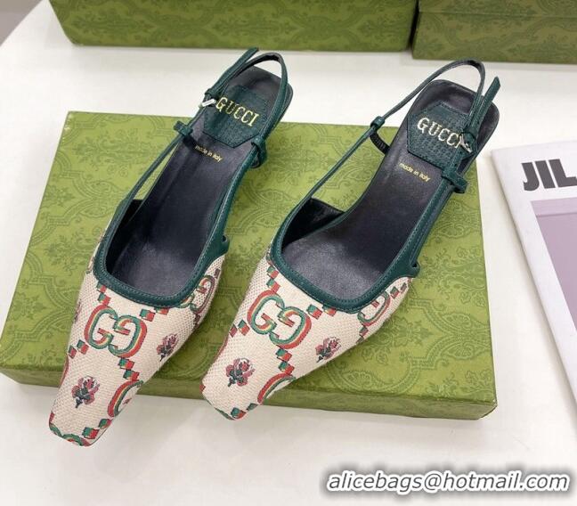 Charming Gucci Flower Jacquard Canvas Slingback Pump 4cm 121412 White