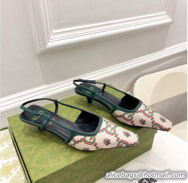 Charming Gucci Flower Jacquard Canvas Slingback Pump 4cm 121412 White