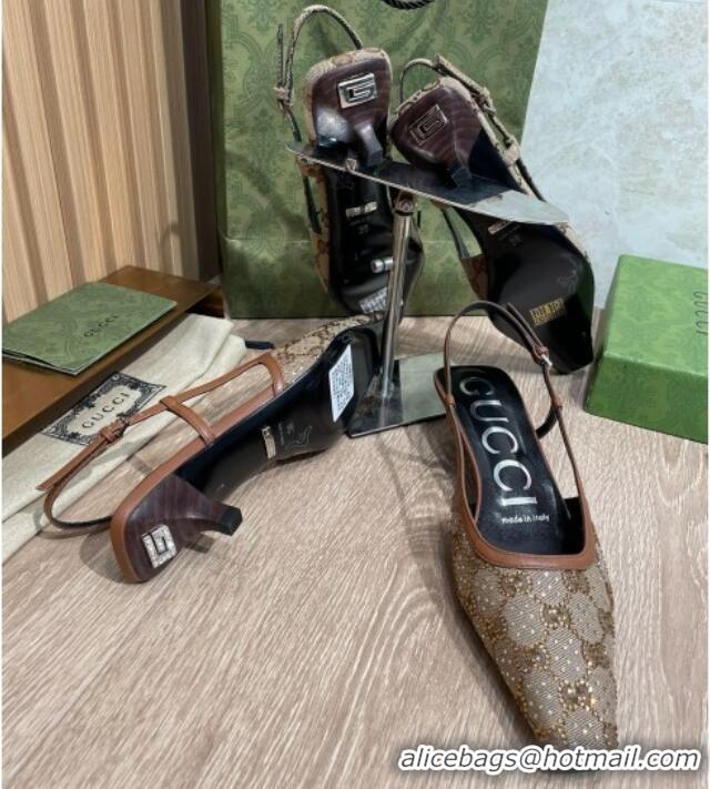 Luxury Gucci Crytstal GG Canvas Slingback Pump 3.5cm Beige/Brown 121419