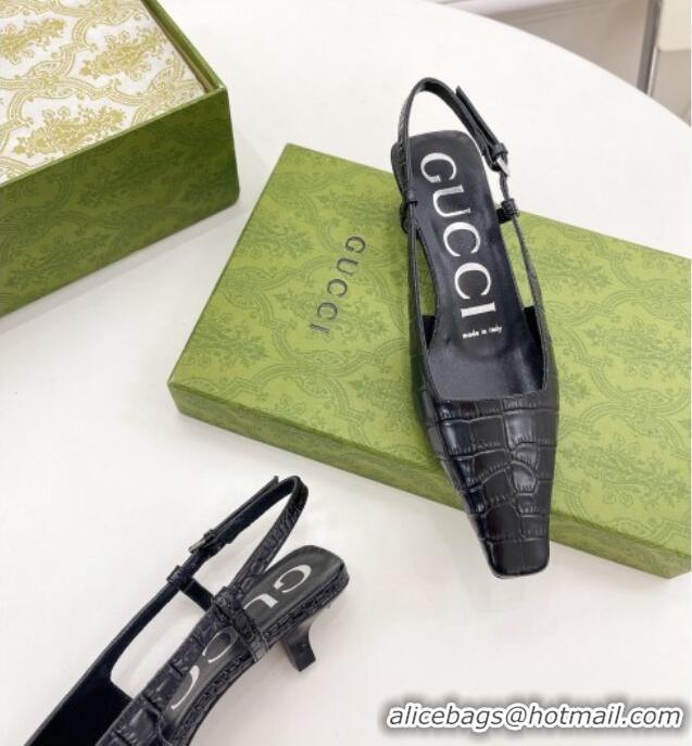 Sophisticated Gucci Stone Embossed Leather Slingback Pump 4cm Black 121415