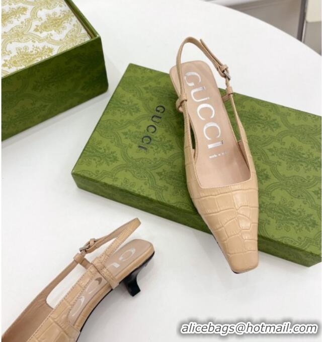 Perfect Gucci Stone Embossed Leather Slingback Pump 4cm Apricot 121417