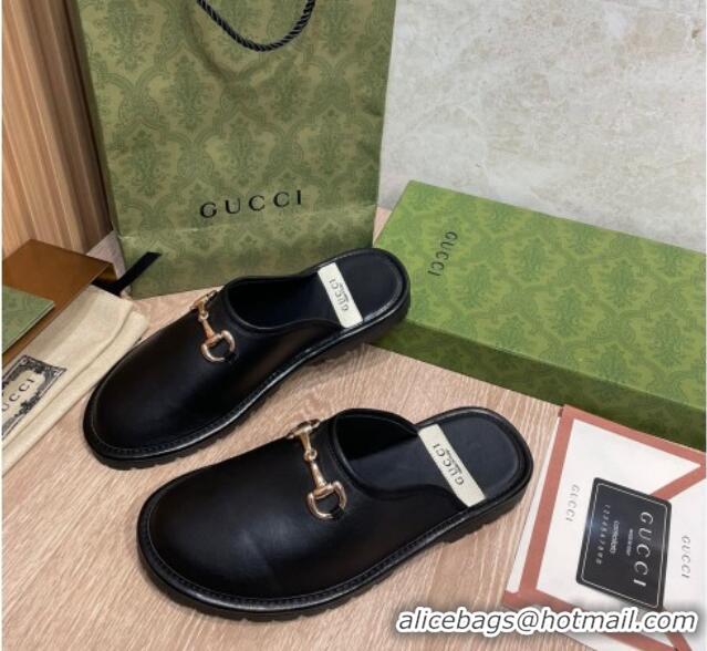 Good Quality Gucci Leather Horsebit Flat Mules 121426 Black