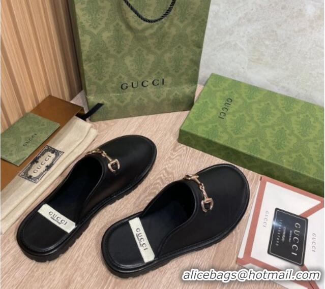 Good Quality Gucci Leather Horsebit Flat Mules 121426 Black