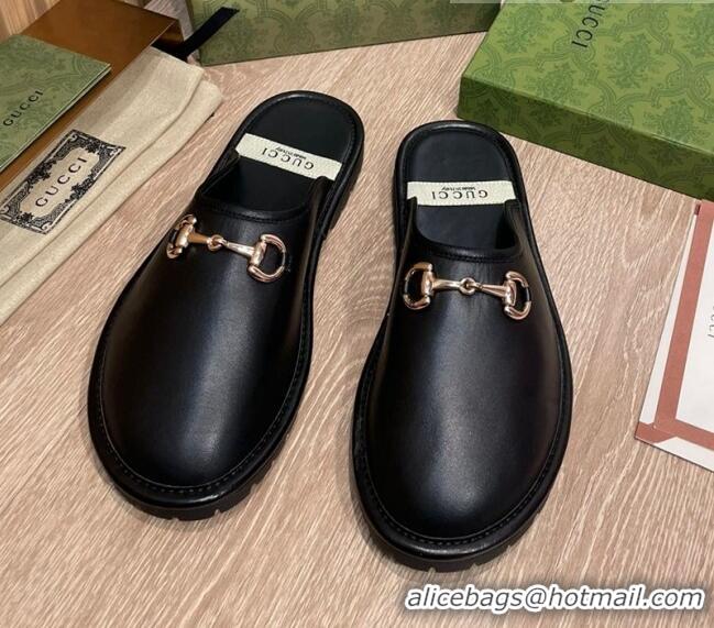 Good Quality Gucci Leather Horsebit Flat Mules 121426 Black