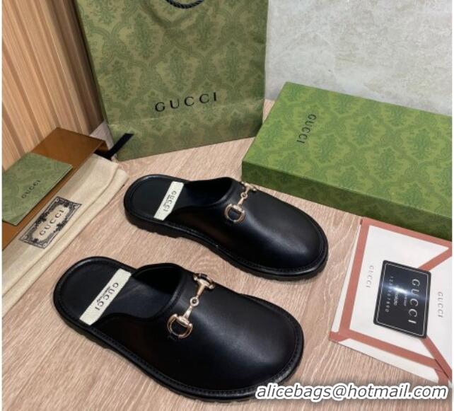 Good Quality Gucci Leather Horsebit Flat Mules 121426 Black