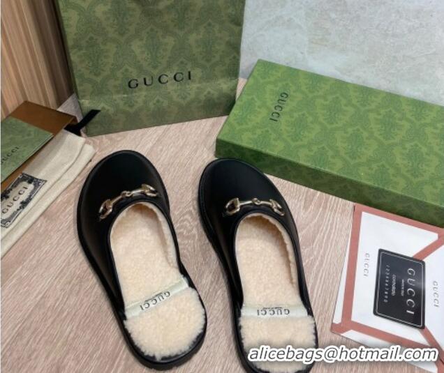 Top Quality Gucci Leather Shearling Horsebit Flat Slipper 121427 Black/White