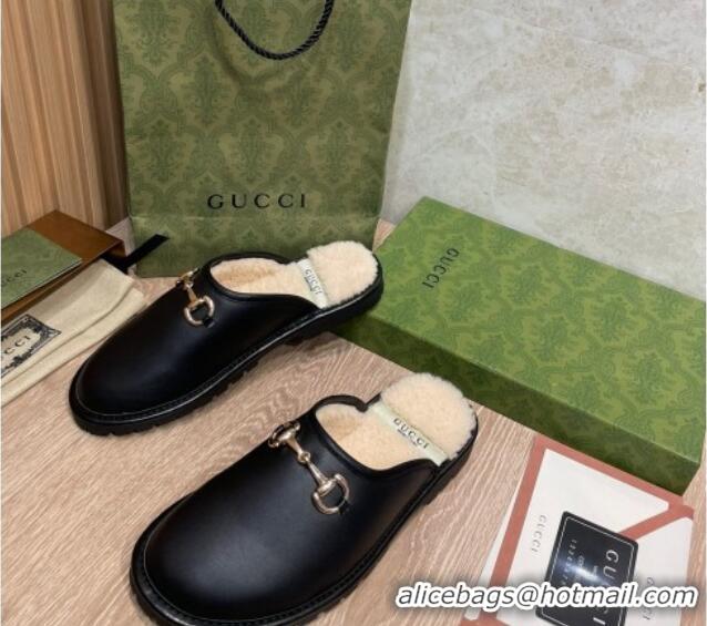 Top Quality Gucci Leather Shearling Horsebit Flat Slipper 121427 Black/White