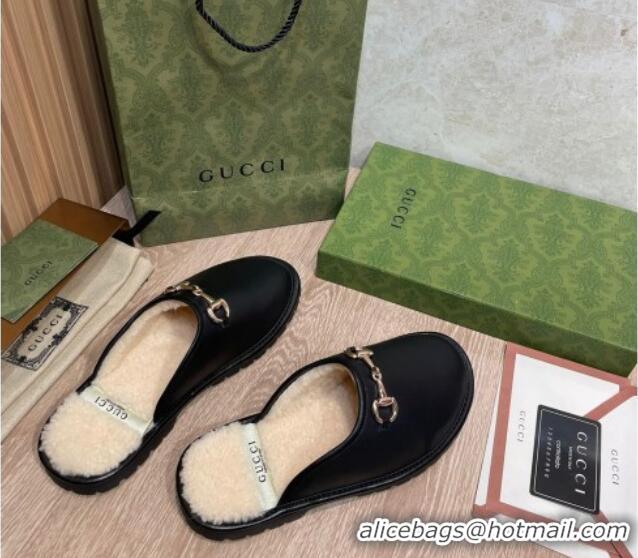 Top Quality Gucci Leather Shearling Horsebit Flat Slipper 121427 Black/White