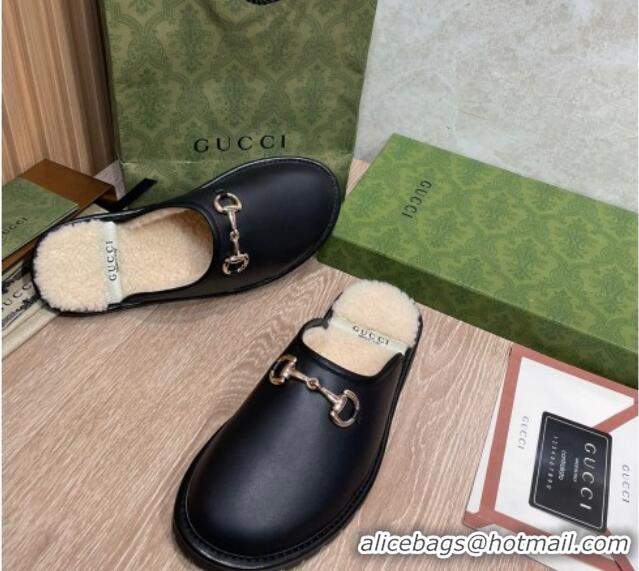 Top Quality Gucci Leather Shearling Horsebit Flat Slipper 121427 Black/White