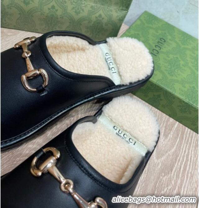 Top Quality Gucci Leather Shearling Horsebit Flat Slipper 121427 Black/White