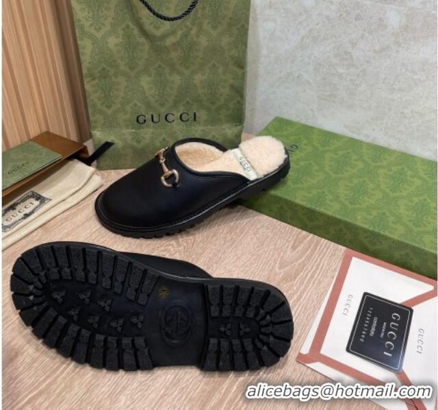 Top Quality Gucci Leather Shearling Horsebit Flat Slipper 121427 Black/White