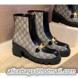 Lower Price Gucci GG Canvas and Leather Interlocking G Horsebit Ankle Boots Beige/Black 121776