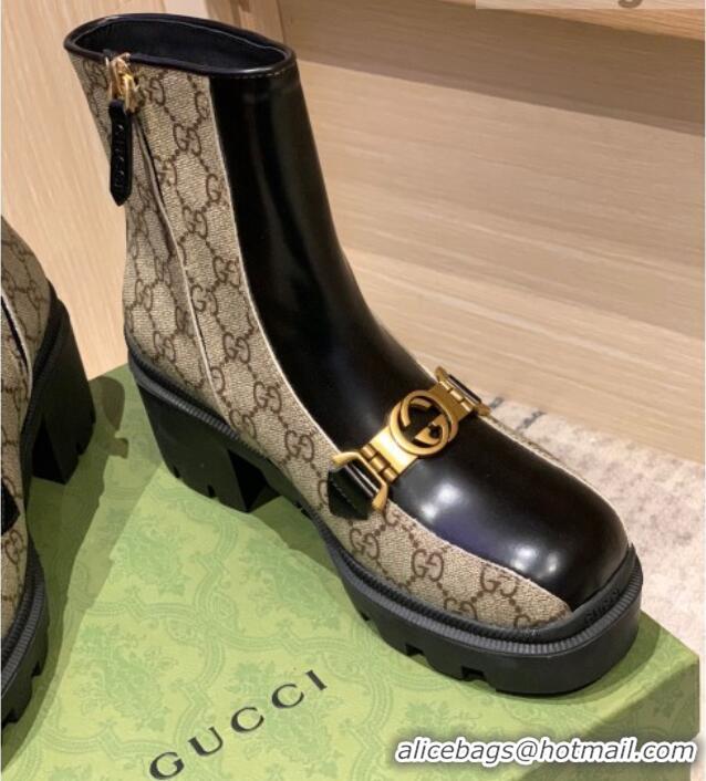 Lower Price Gucci GG Canvas and Leather Interlocking G Horsebit Ankle Boots Beige/Black 121776