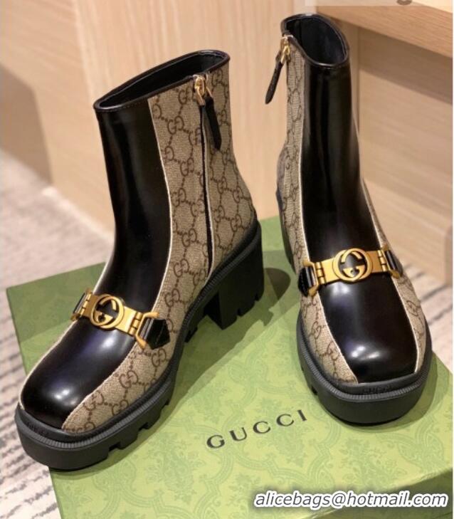 Lower Price Gucci GG Canvas and Leather Interlocking G Horsebit Ankle Boots Beige/Black 121776