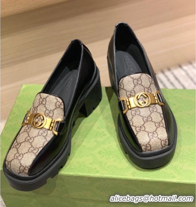 Gucci GG Canvas and Leather Loafers with Interlocking G Beige/Black 121777