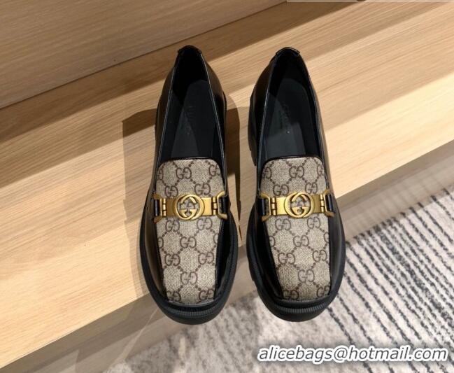 Gucci GG Canvas and Leather Loafers with Interlocking G Beige/Black 121777