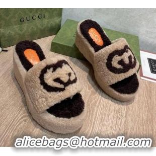 Good Taste Gucci Wedge Shearling Slide Sandals with Interlocking G 12cm 122004 Light Brown