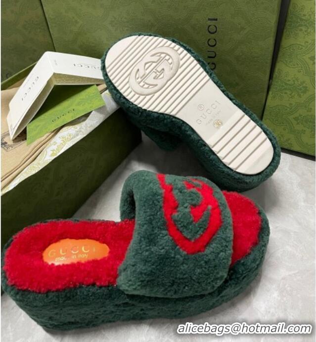 New Design Gucci Wedge Shearling Slide Sandals with Interlocking G 12cm 122004 Green