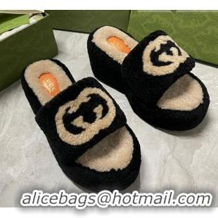 Best Design Gucci Wedge Shearling Slide Sandals with Interlocking G 12cm 122004 Black