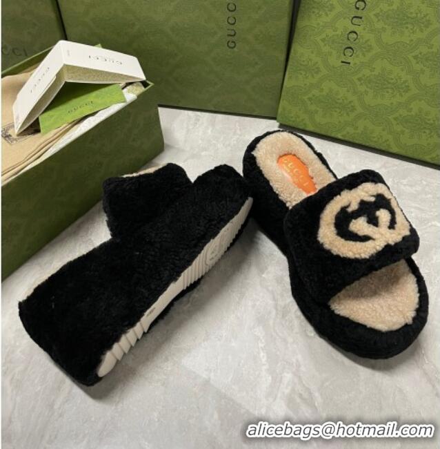 Best Design Gucci Wedge Shearling Slide Sandals with Interlocking G 12cm 122004 Black