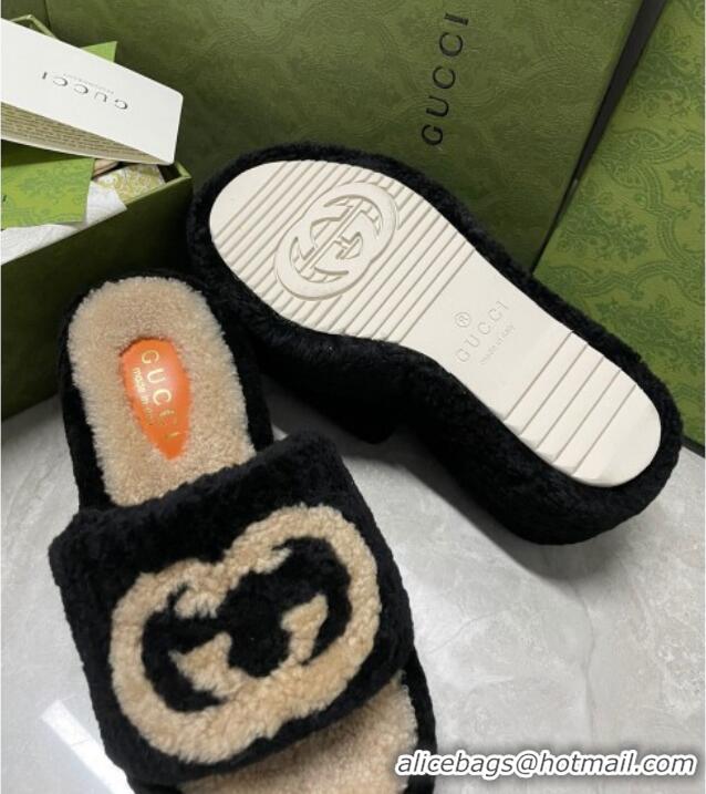 Best Design Gucci Wedge Shearling Slide Sandals with Interlocking G 12cm 122004 Black