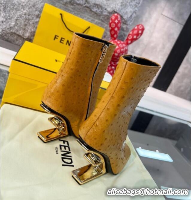 Super Quality Fendi First Leather F Heel Ankle Boots 8cm Tan Brown 111603
