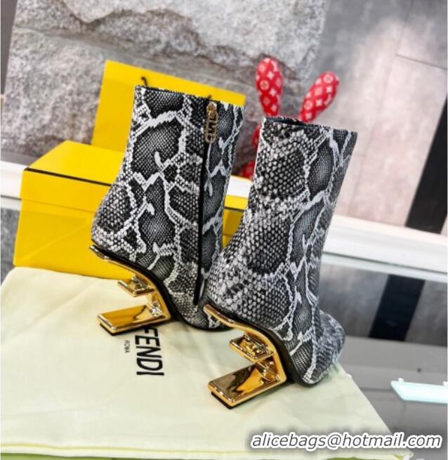 Best Luxury Fendi First Python-Like Leather F Heel Ankle Boots 8cm Grey 111605