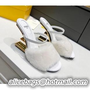 Best Quality Fendi First Mink Fur F Heel Slide Sandals 8cm 111606 White