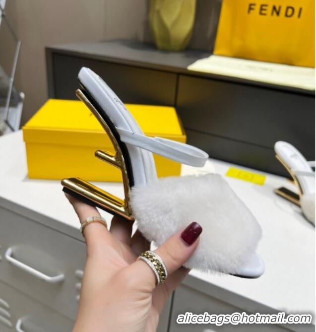 Best Quality Fendi First Mink Fur F Heel Slide Sandals 8cm 111606 White