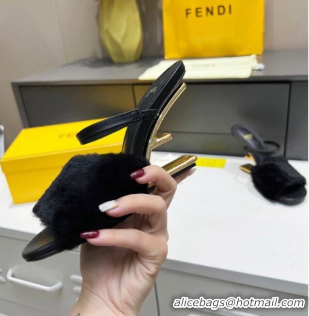 Good Quality Fendi First Mink Fur F Heel Slide Sandals 8cm 111606 Black