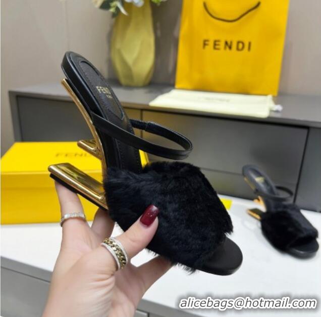 Good Quality Fendi First Mink Fur F Heel Slide Sandals 8cm 111606 Black