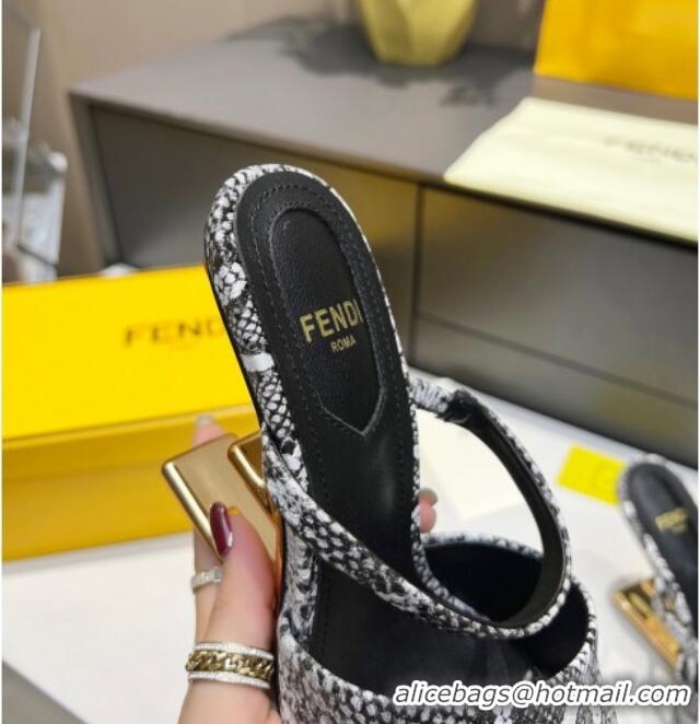 Classic Practical Fendi First Python-Like Leather F Heel Slide Sandals 8cm 111609 Grey