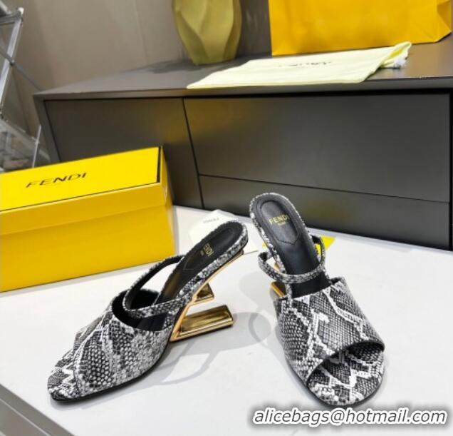 Classic Practical Fendi First Python-Like Leather F Heel Slide Sandals 8cm 111609 Grey