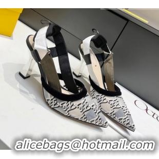 Low Cost Fendi Colibri Karligraphy Slingback Pumps 8cm in Mesh and Embroidery 111610 Grey