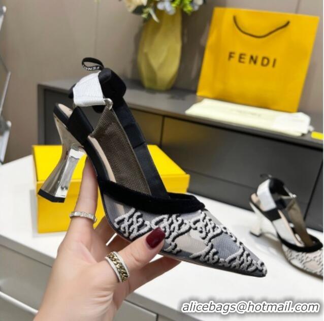 Low Cost Fendi Colibri Karligraphy Slingback Pumps 8cm in Mesh and Embroidery 111610 Grey