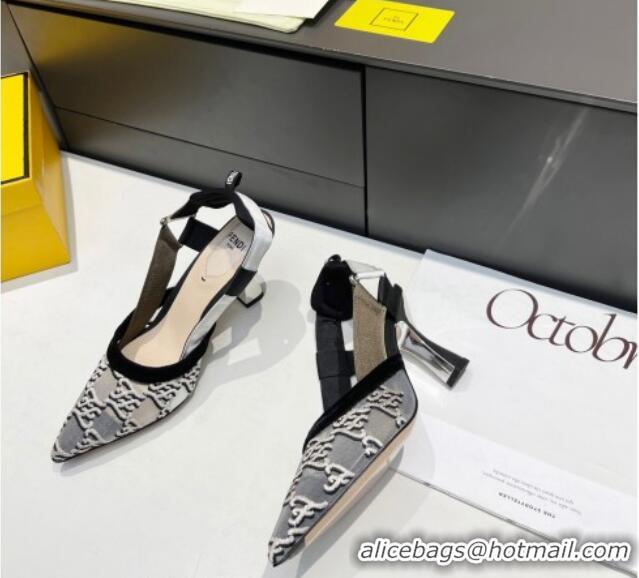 Low Cost Fendi Colibri Karligraphy Slingback Pumps 8cm in Mesh and Embroidery 111610 Grey